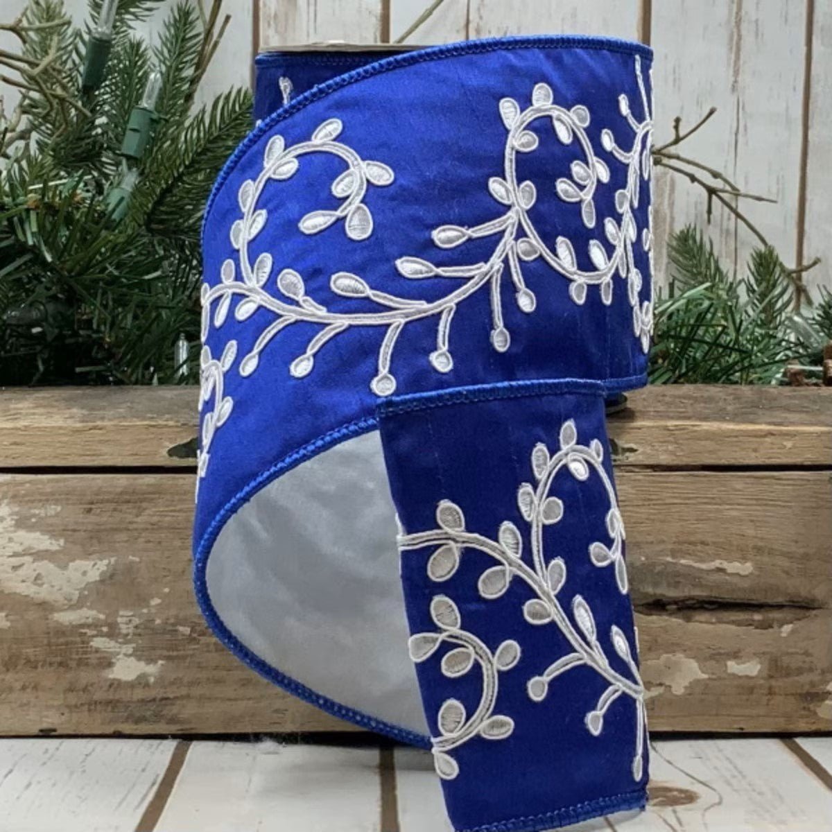 Blue and White Embroidered Vine Ribbon - My Christmas