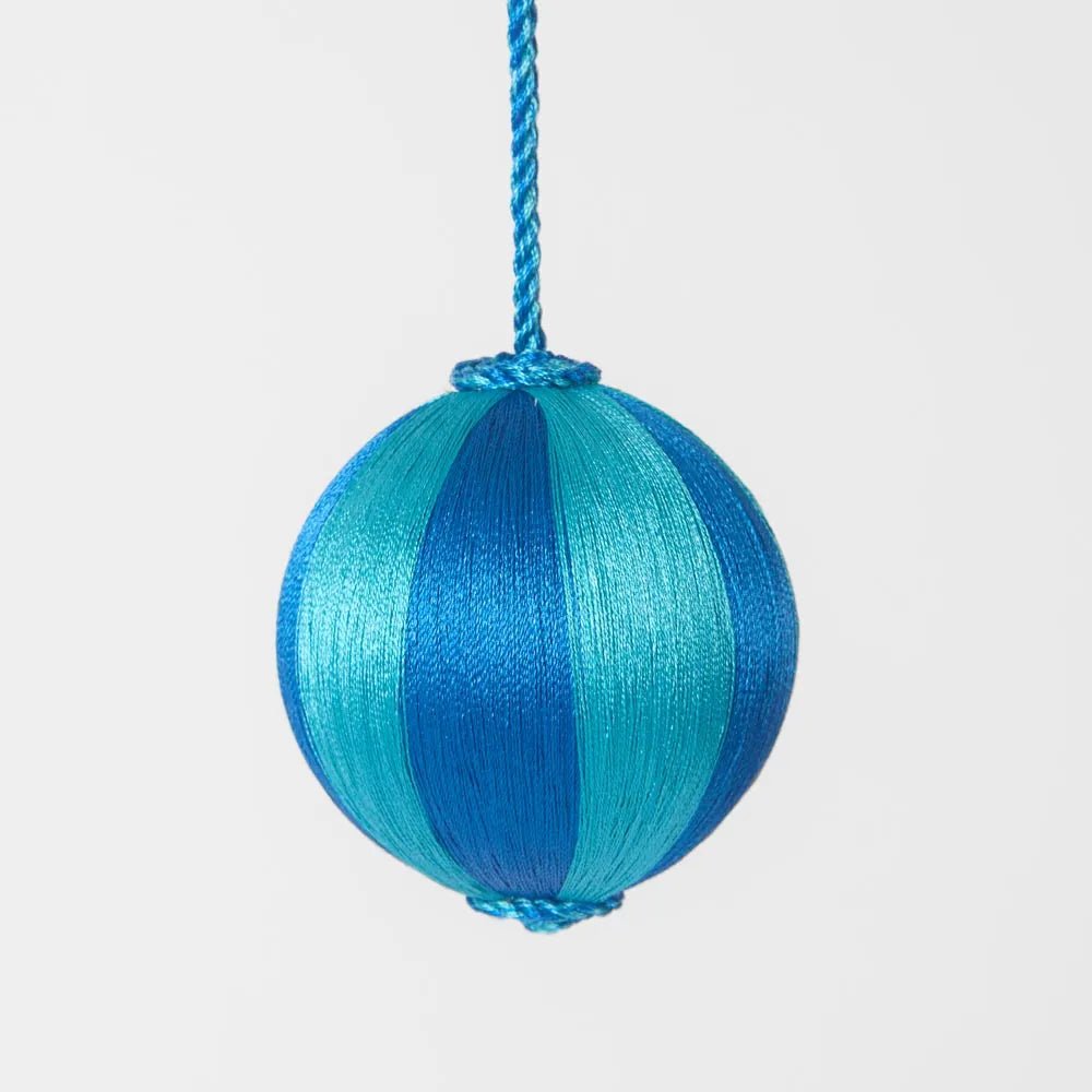 Blue & Turquoise Silk Stripe Bauble - Small - My Christmas