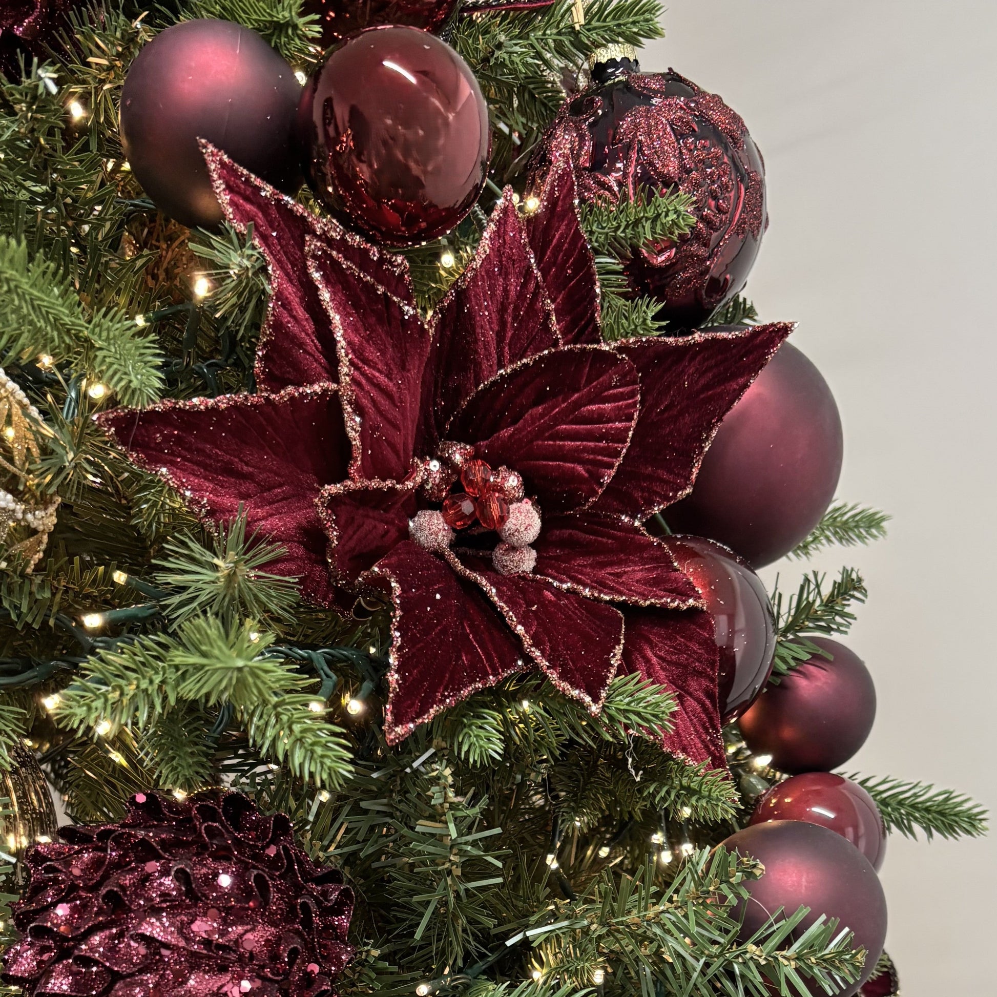 Burgundy Velvet Poinsettia with Rose Gold Details - My Christmas