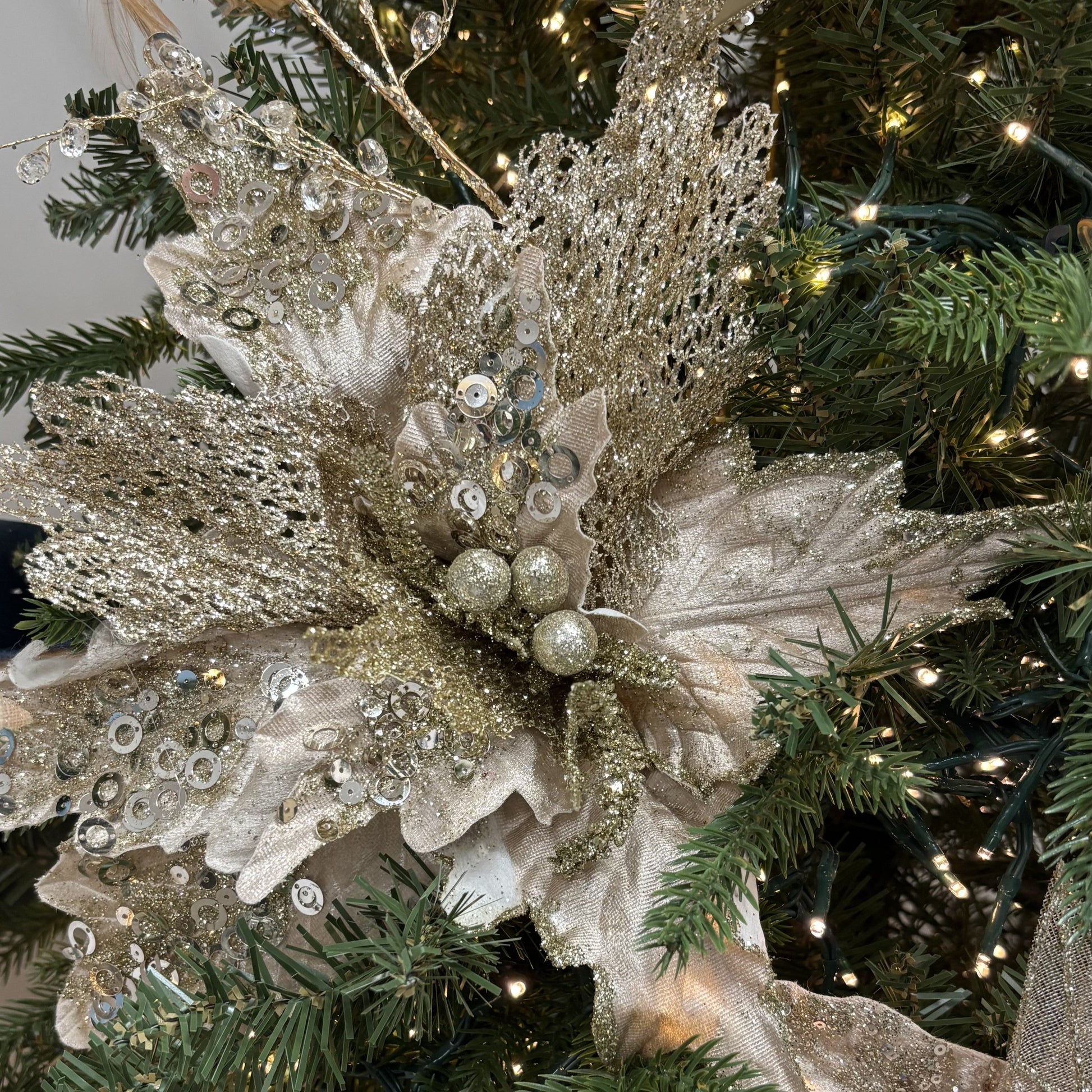 Champagne with Two - toned Glitter Poinsettia with Clip - My Christmas