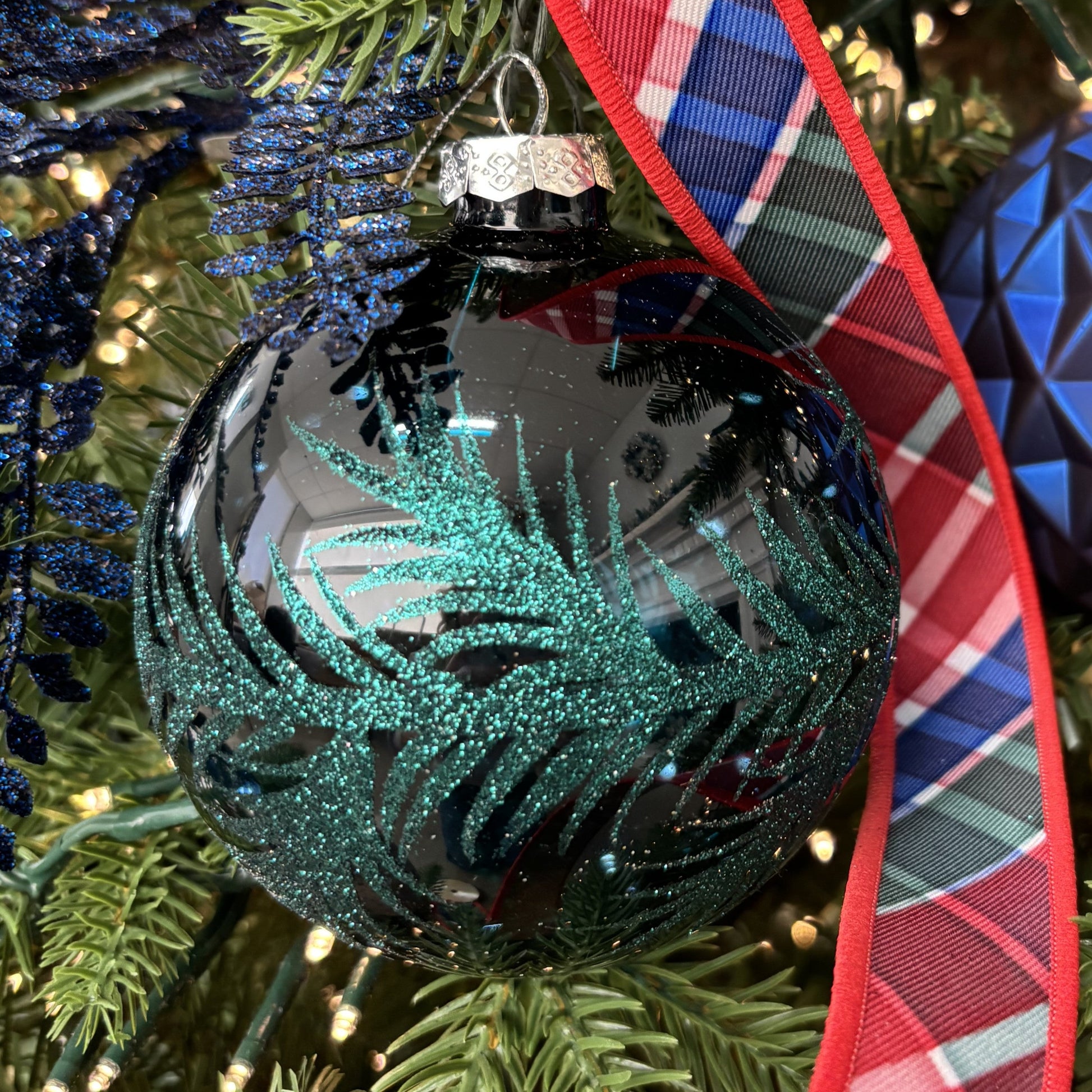 Deep Aqua with Leaf Glass Bauble - My Christmas