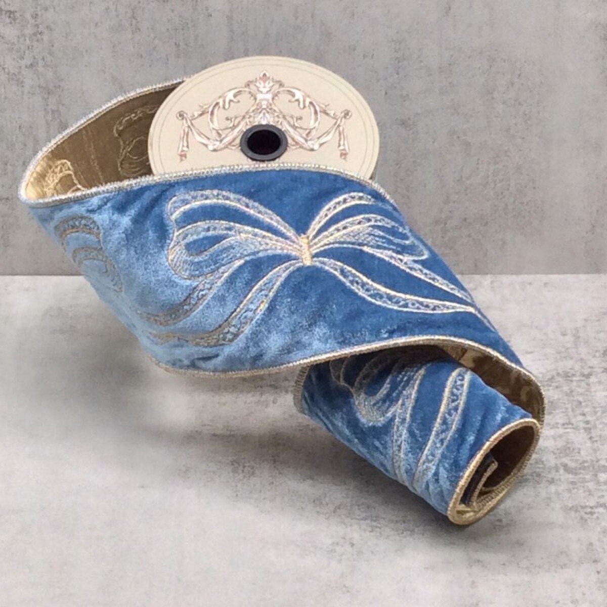 Dusty Blue Velvet Ribbon with Embroidered Bows - My Christmas