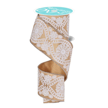 Gold and White Wavy Floral Ribbon - My Christmas