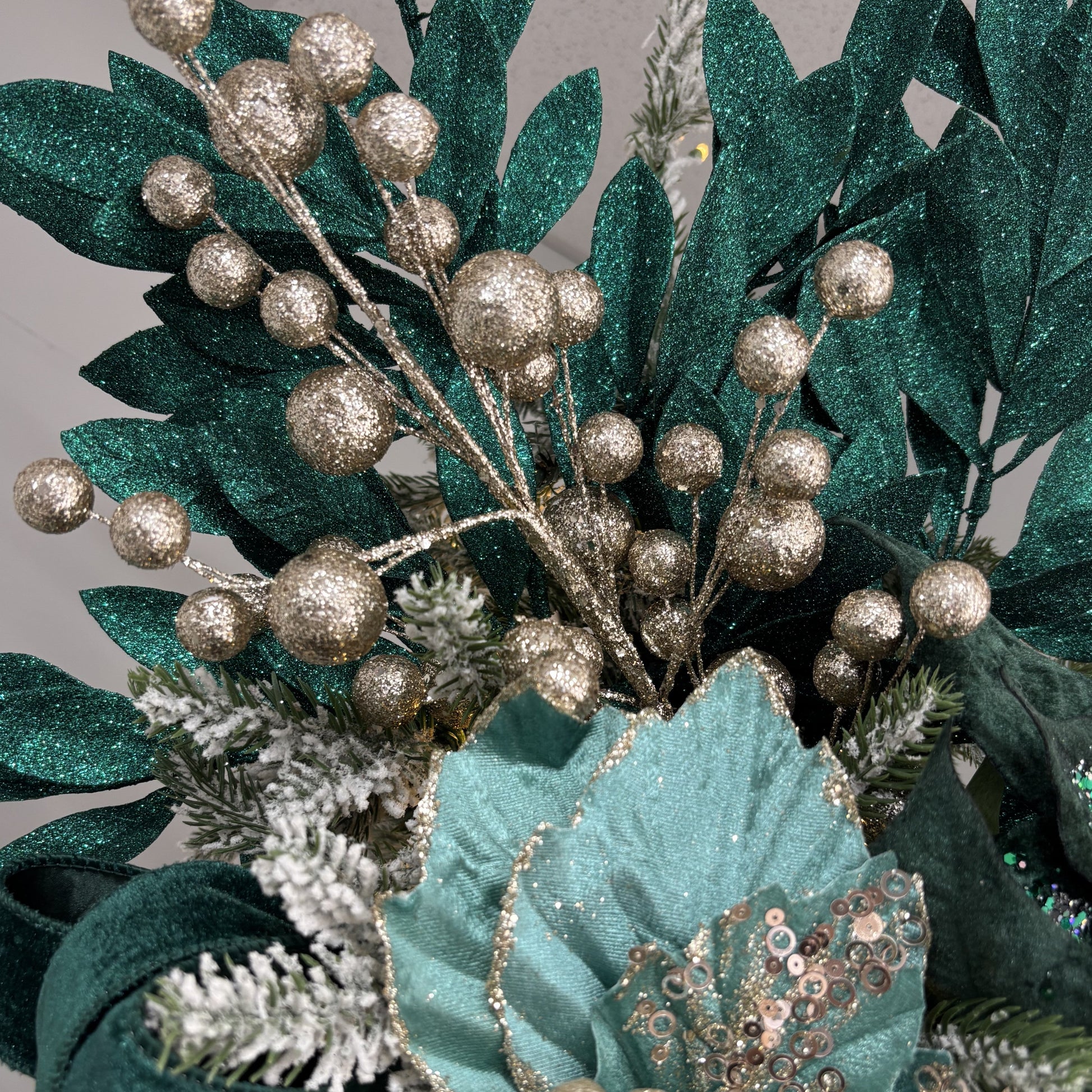 Hunter Green Glitter Bay Leaf Spray - My Christmas
