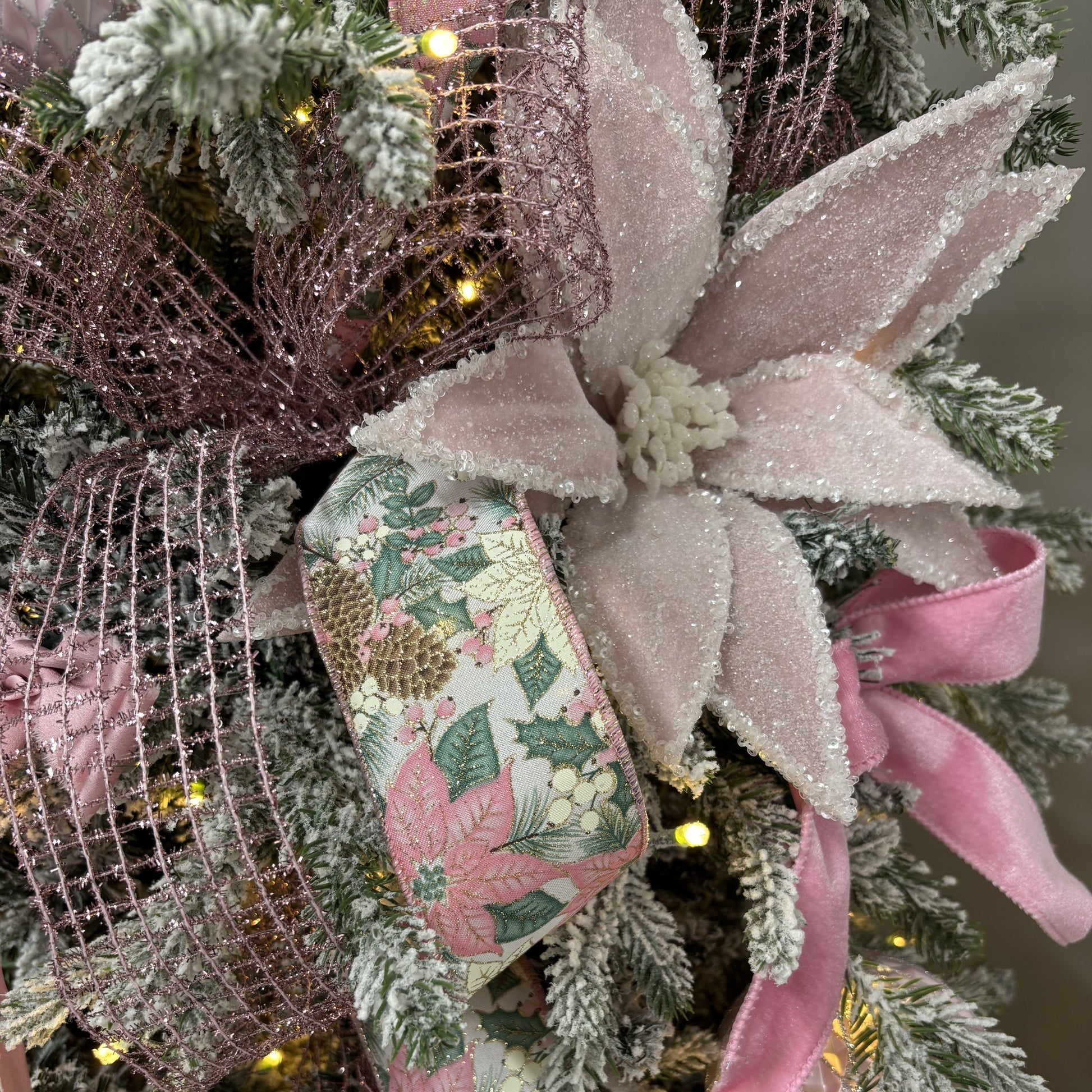 Pink Poinsettia and Pinecone Ribbon - My Christmas