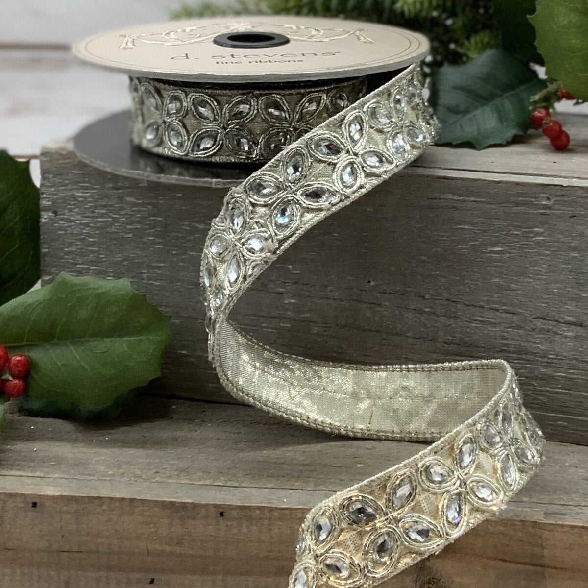 Platinum Faux Metallic Dupion Ribbon with Jewelled Flowers - My Christmas