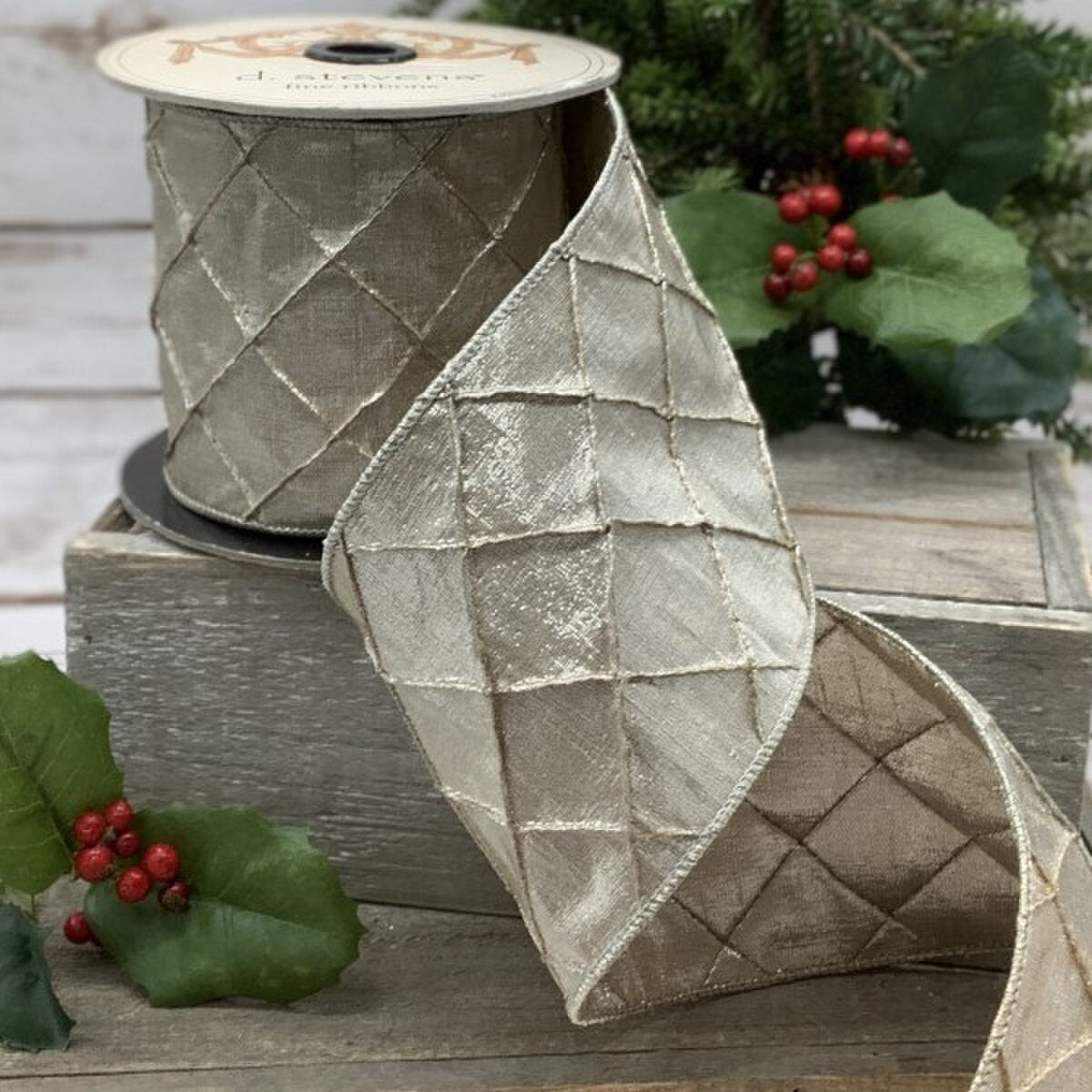Platinum Faux Metallic Pintuck Dupion Ribbon - My Christmas