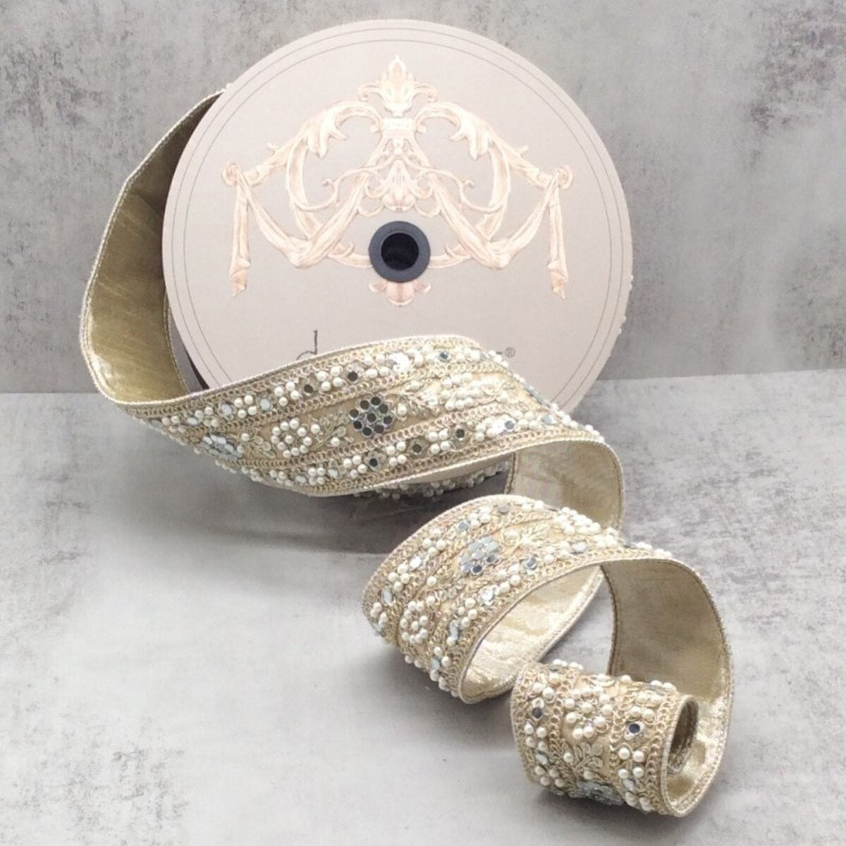 Platinum Metallic Floral Dupion Ribbon with Mirrors and Pearls - My Christmas
