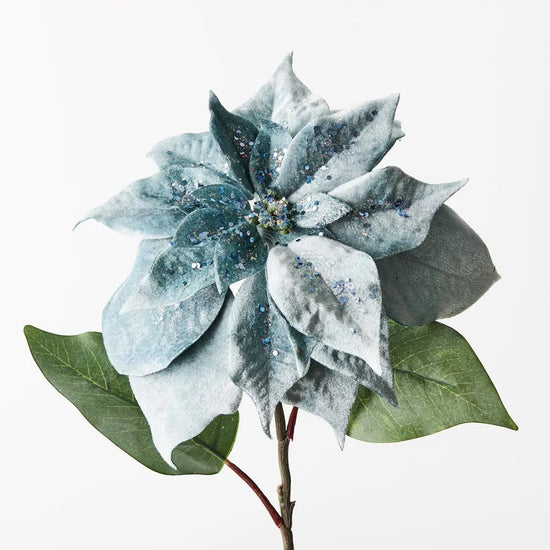 Sky Blue Velvet with Glitter Poinsettia - My Christmas