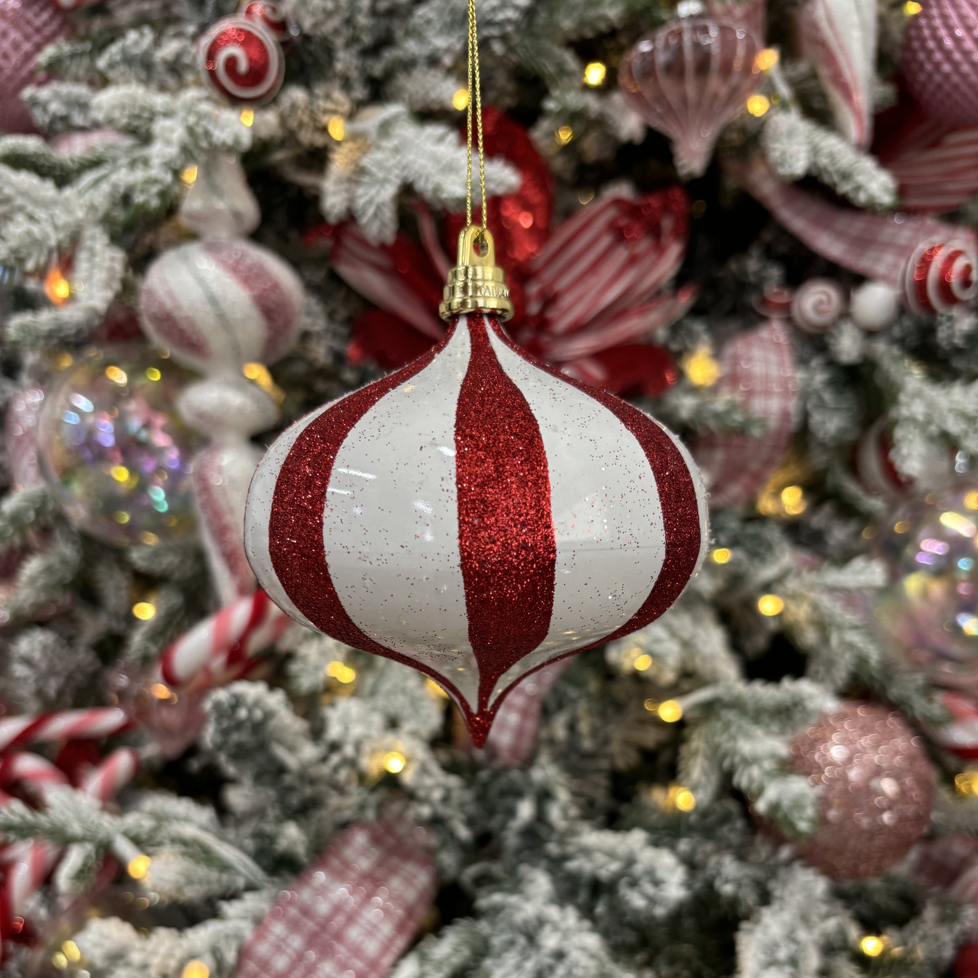 White and Red Glitter Onion Ornament - 10cm - My Christmas