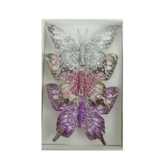 White, Coral and Purple Feather Butterfly - Pack of 3 - My Christmas
