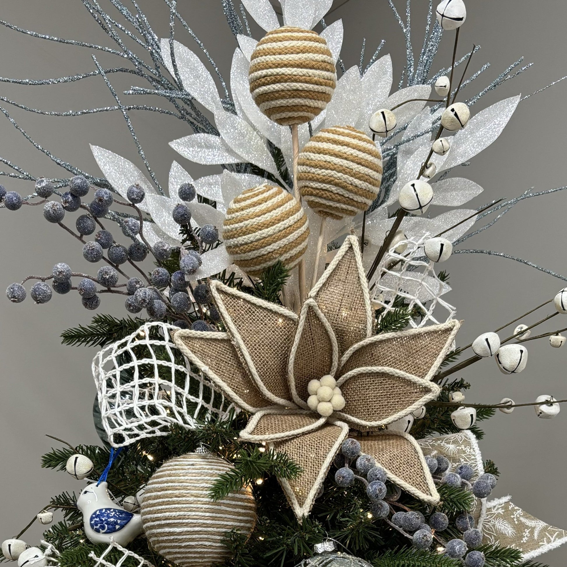 White Glitter Bay Leaf Spray - My Christmas
