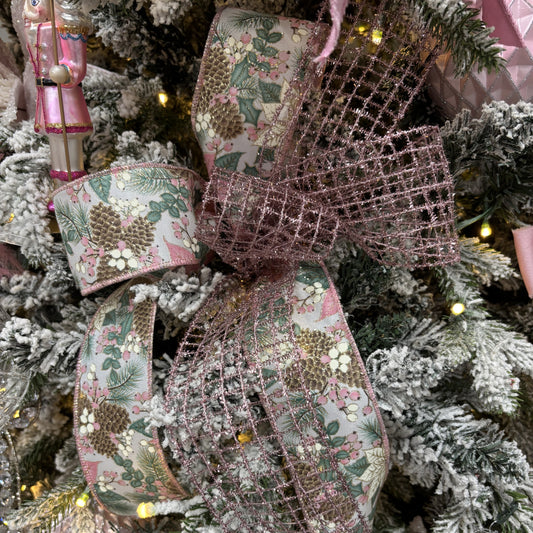 Pink Poinsettia and Pinecone Ribbon - My Christmas