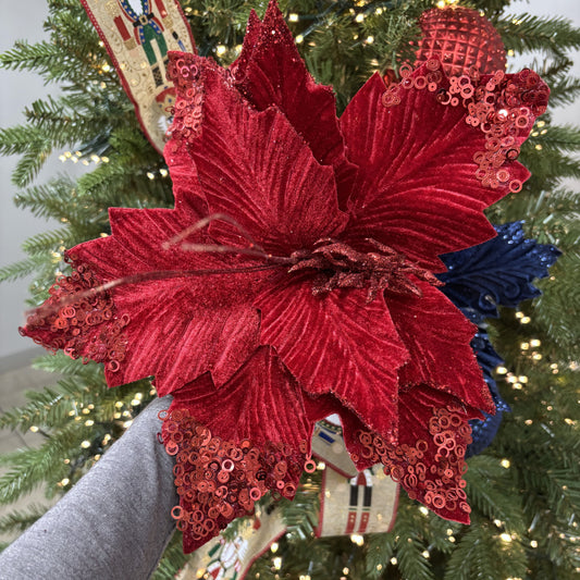 Red Sequined Poinsettia with Clip My Christmas