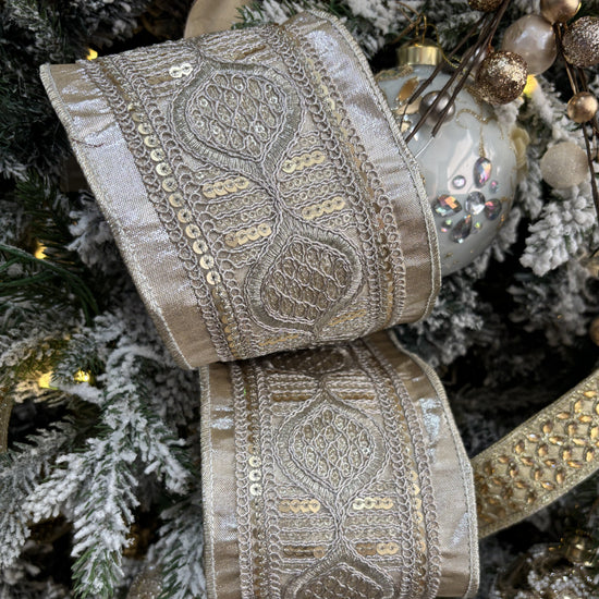 Antique Platinum Metallic Dupion with Sequin Braid Ribbon - My Christmas
