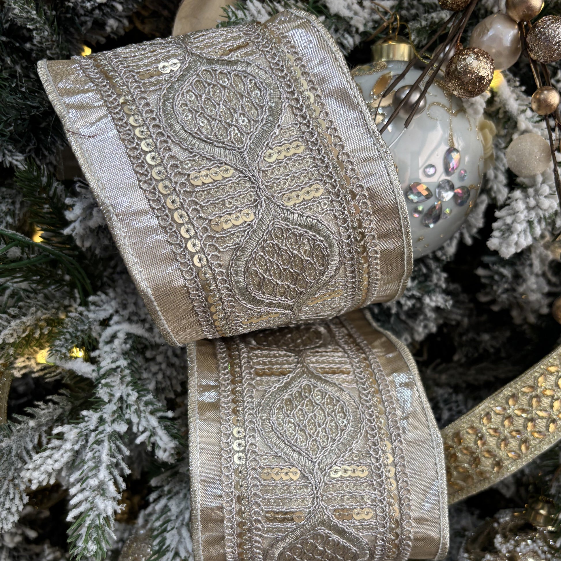 Antique Platinum Metallic Dupion with Sequin Braid Ribbon - My Christmas