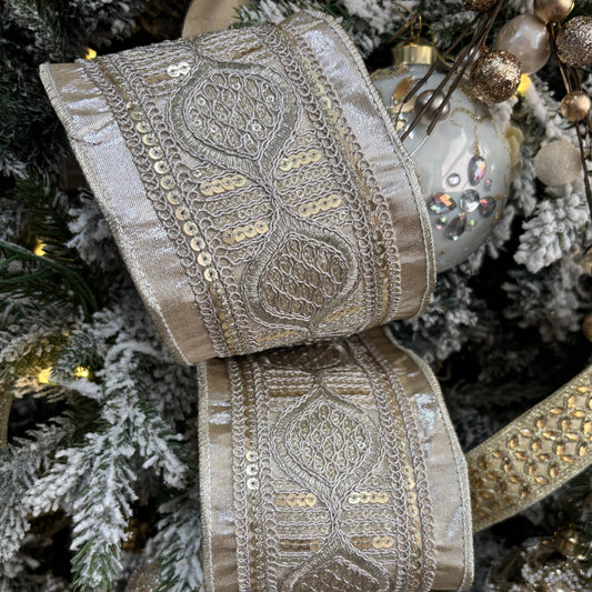 Antique Platinum Metallic Dupion with Sequin Braid Ribbon - My Christmas