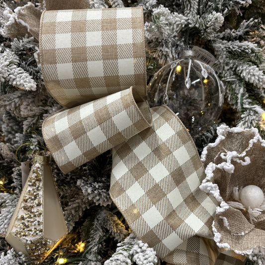 Beige and Ivory Check Ribbon - My Christmas