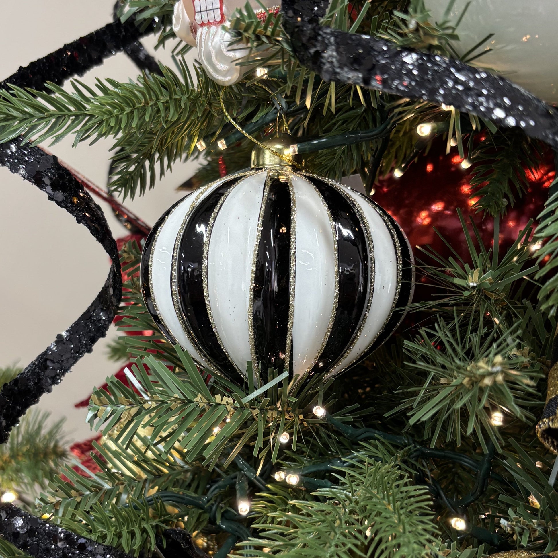 Black and White Stripe Onion Bauble - My Christmas