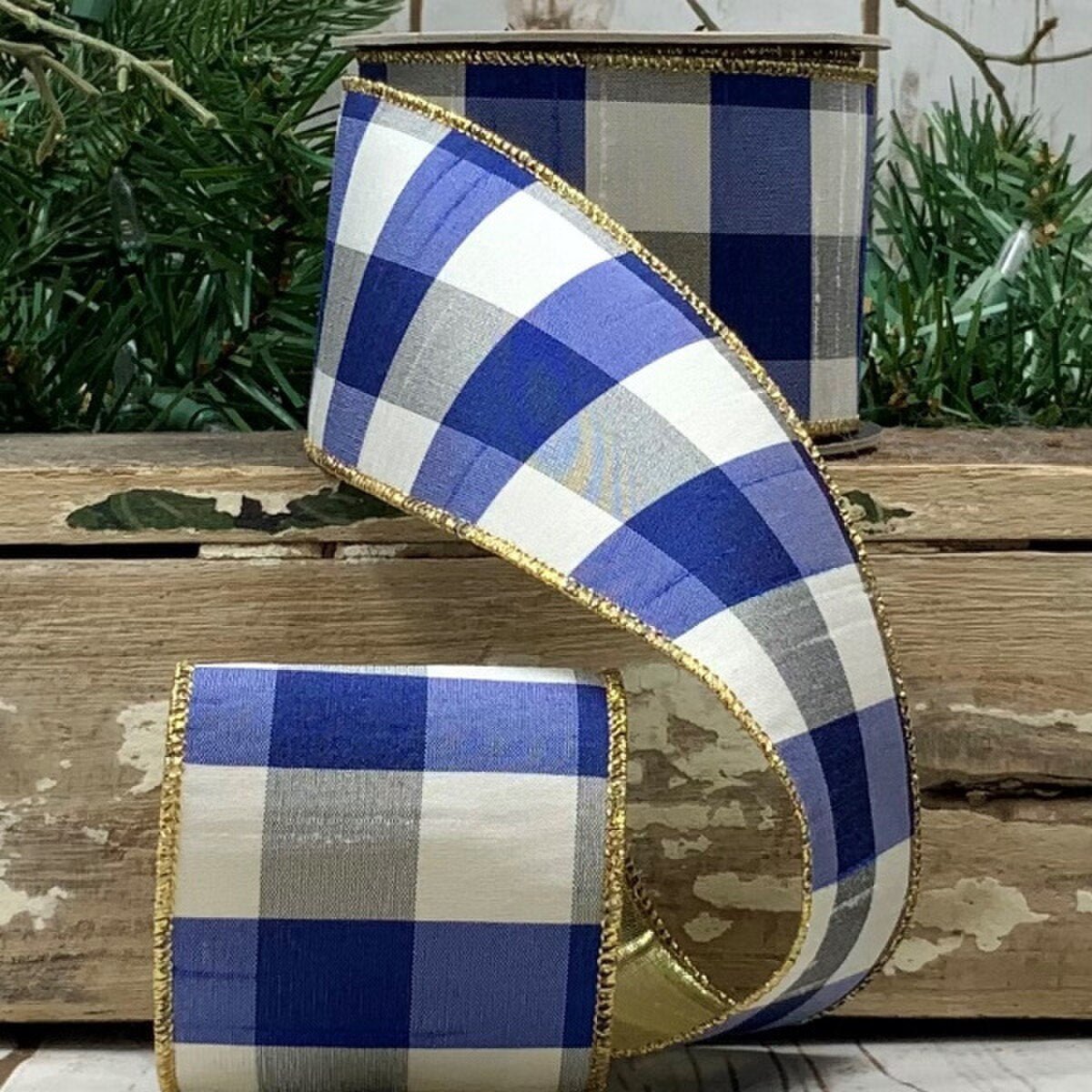 Blue and White Check Dupion Ribbon with Gold Back - My Christmas