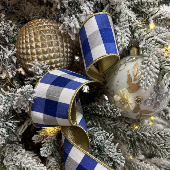 Blue and White Check Dupion Ribbon with Gold Back - My Christmas