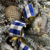 Blue and White Check Dupion Ribbon with Gold Back - My Christmas