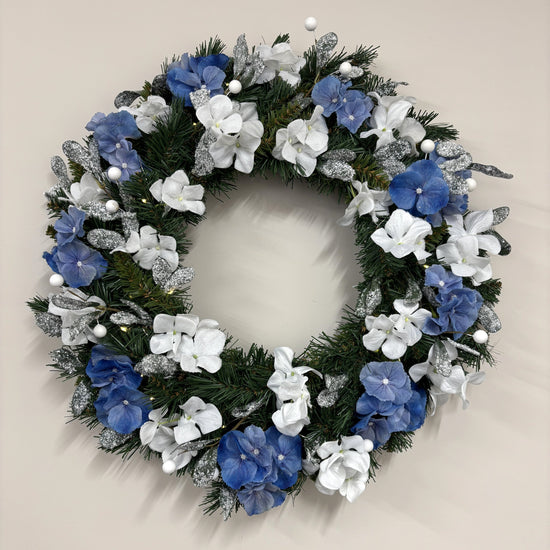 Blue and White Hydrangea Wreath - My Christmas