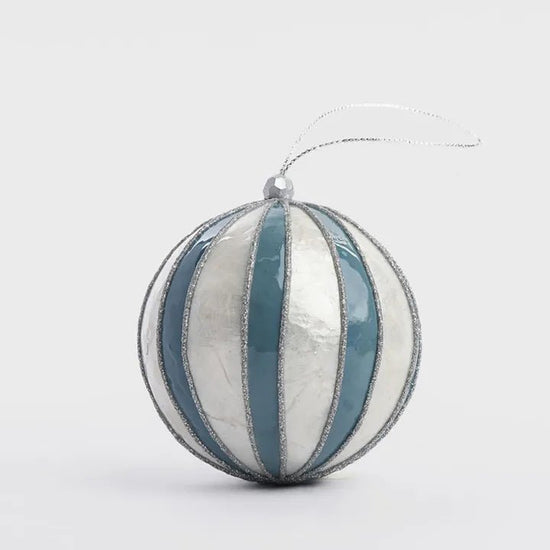 Blue Stripe Handpainted Capiz Bauble - My Christmas