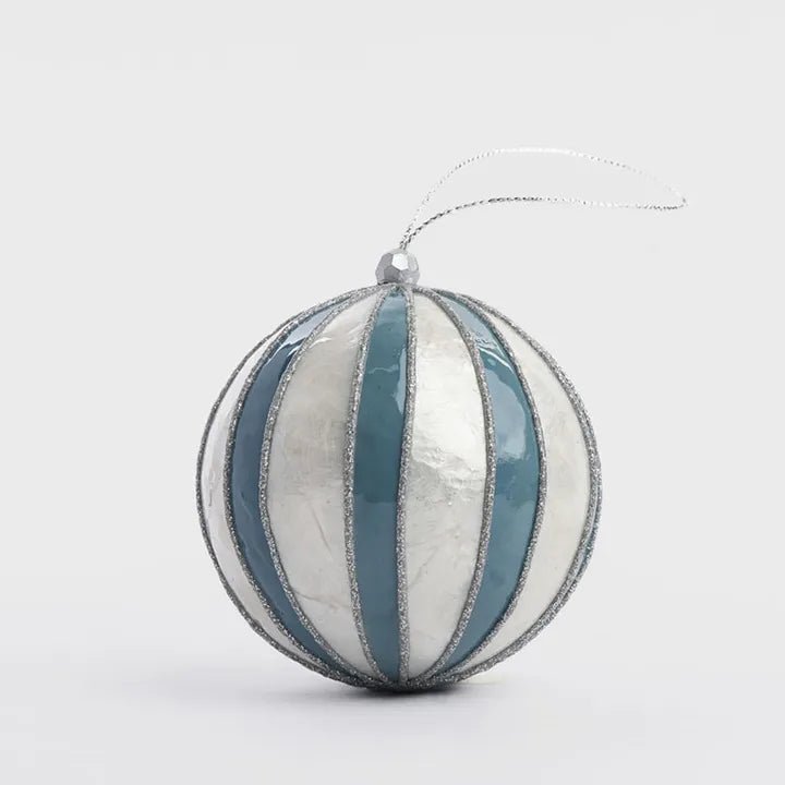 Blue Stripe Handpainted Capiz Bauble - My Christmas