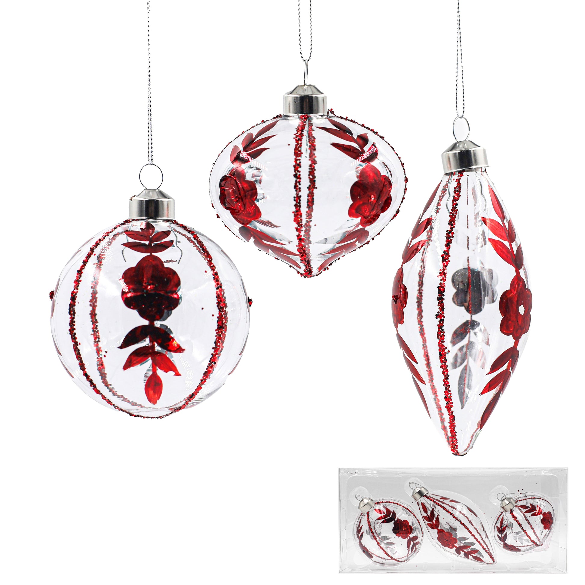 Burgundy and Clear Rose Bauble - Set of 3 - My Christmas