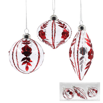 Burgundy and Clear Rose Bauble - Set of 3 - My Christmas