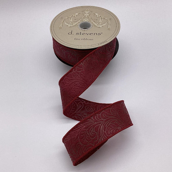 Burgundy Embossed Floral Ribbon - My Christmas