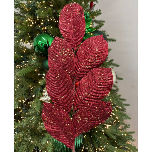 Burgundy Glitter Leaf Spray - My Christmas