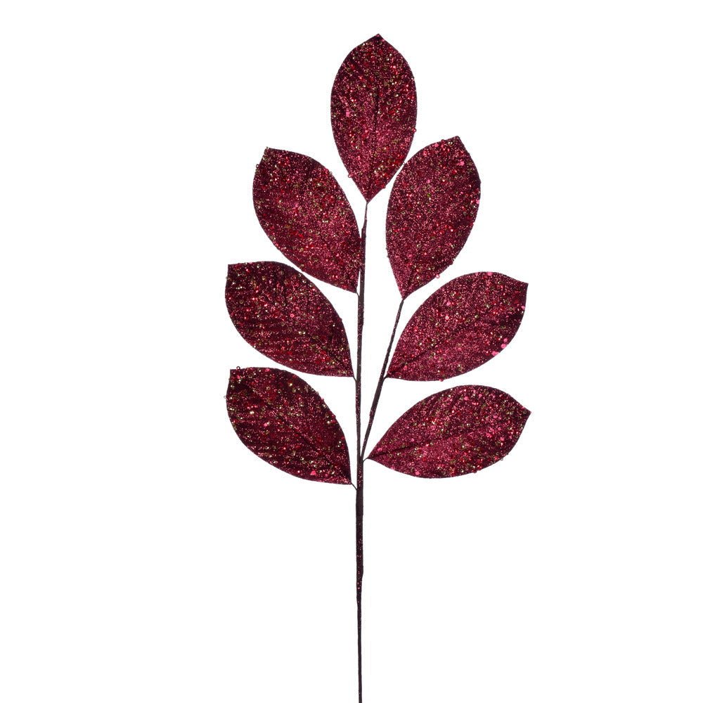 Burgundy Glitter Leaf Spray - My Christmas