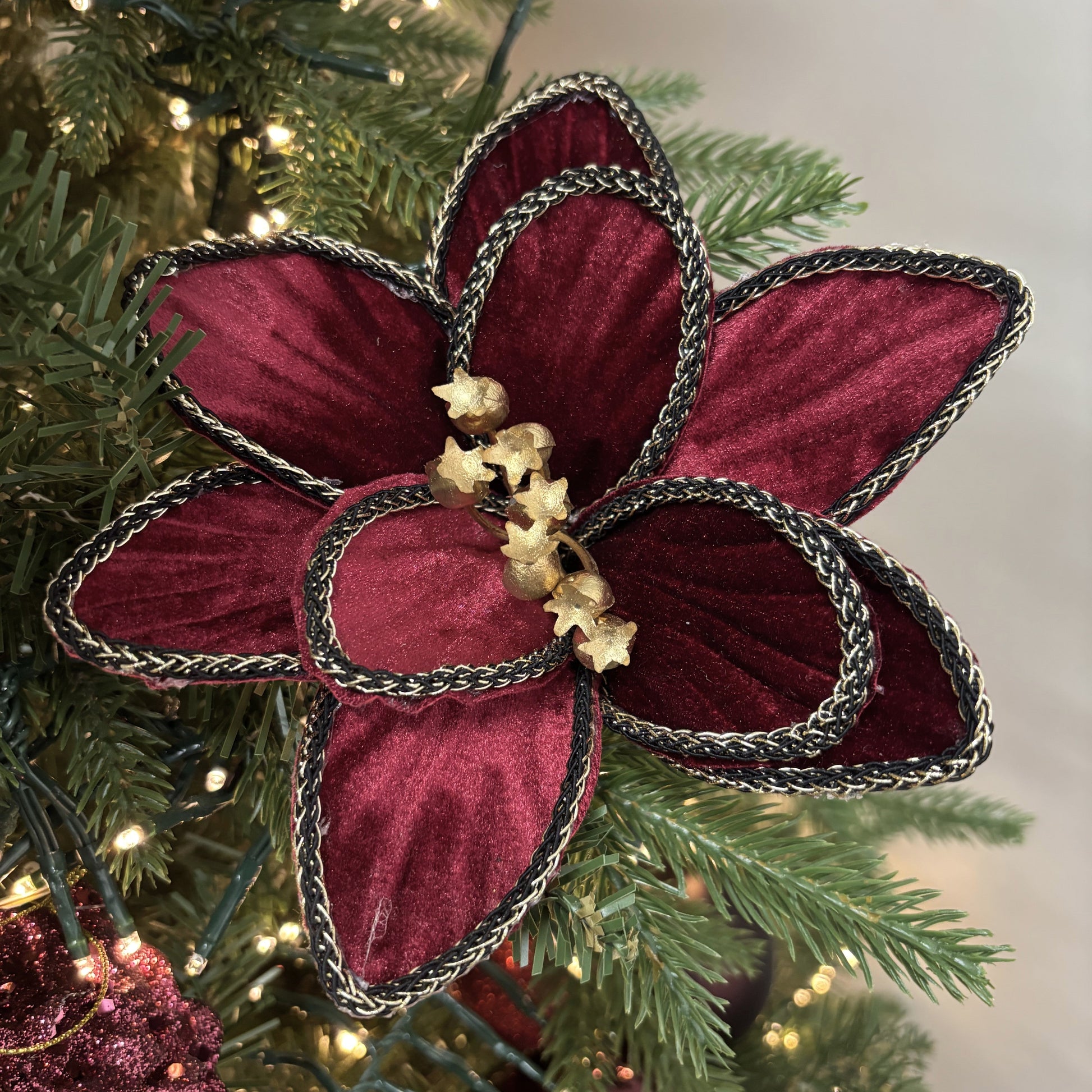 Burgundy Rope Edge Flower with Clip - My Christmas