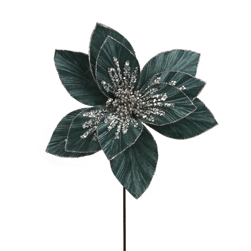 Celadon Green Velvet Poinsettia with Glitter Finish - My Christmas