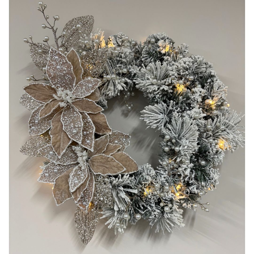 Champagne and Pearl on Flocked Wreath - My Christmas