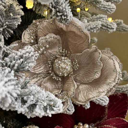Champagne Clip-on Magnolia with Beaded Petals - My Christmas