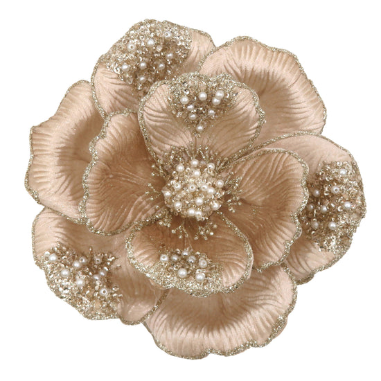 Champagne Clip-on Magnolia with Beaded Petals - My Christmas