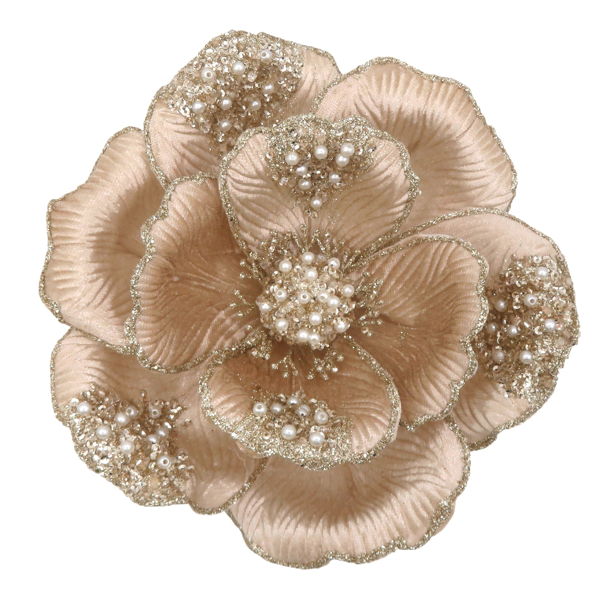 Champagne Clip-on Magnolia with Beaded Petals - My Christmas