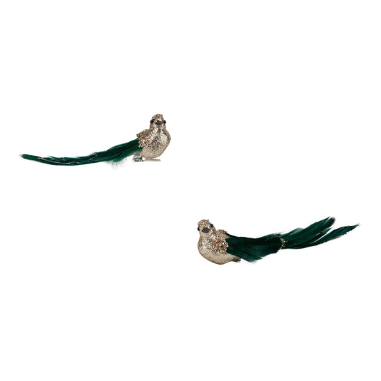 Champagne Glitter Bird with Green Tail Clip-On Ornament - Set of 2 - My Christmas