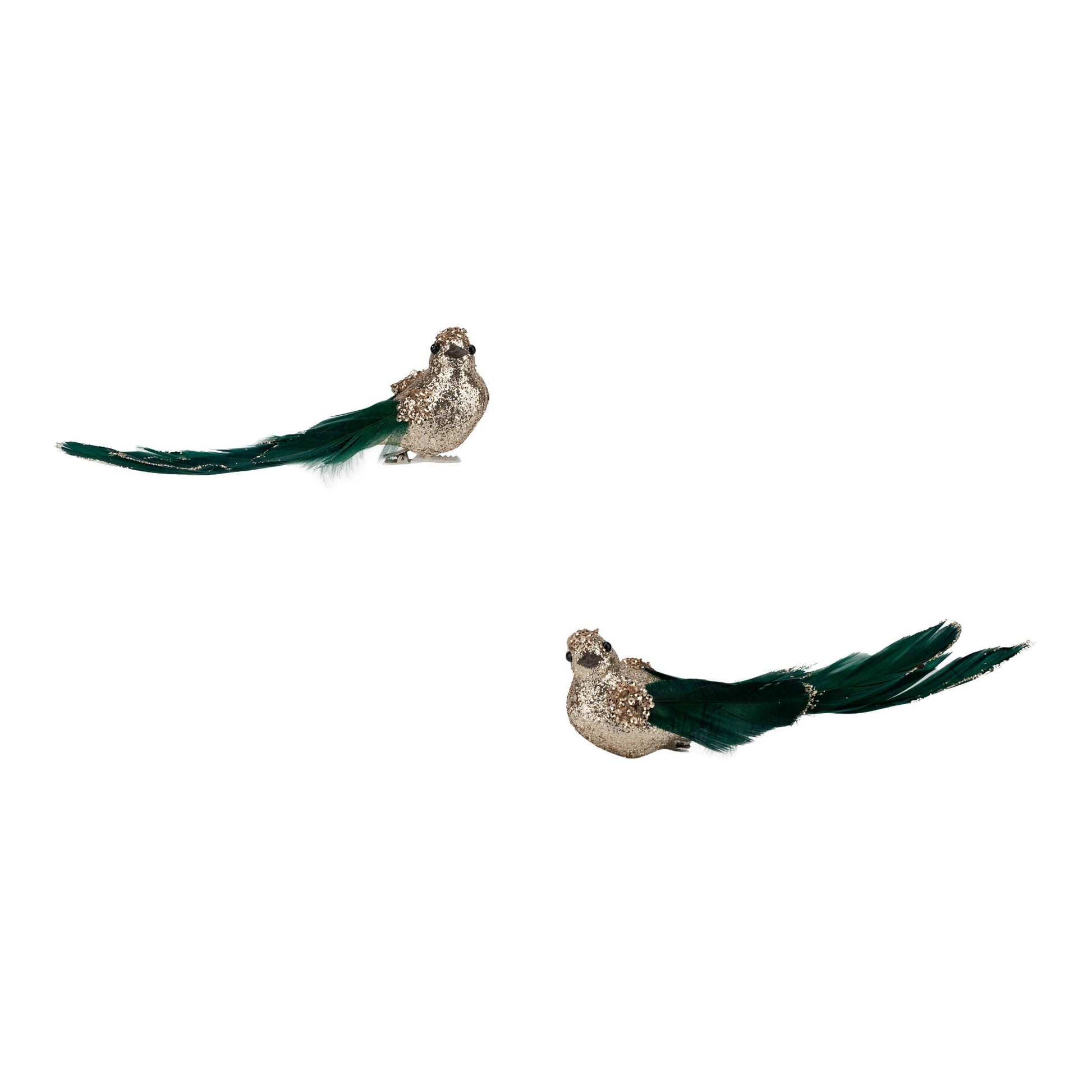 Champagne Glitter Bird with Green Tail Clip-On Ornament - Set of 2 - My Christmas