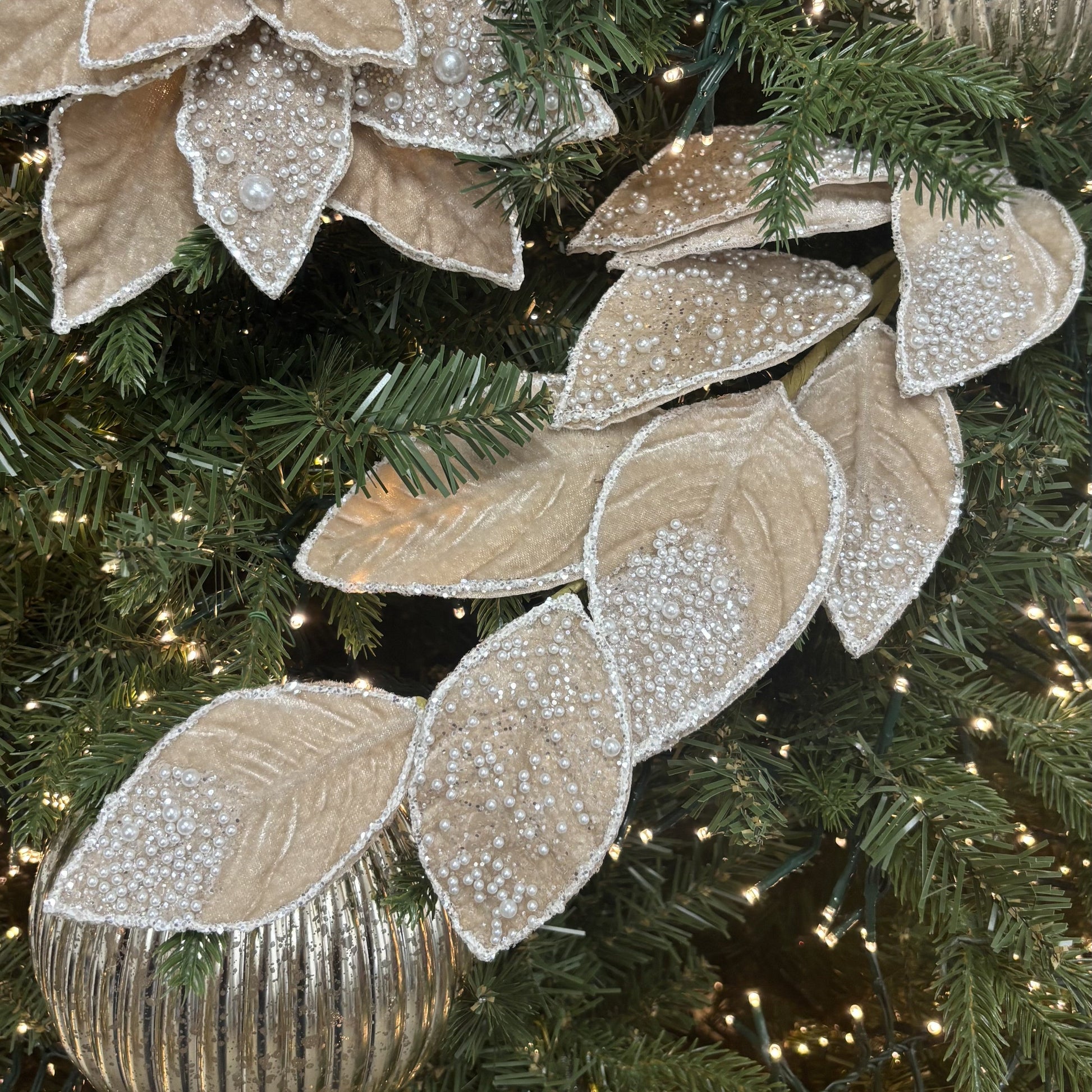 Champagne Velvet and Pearl Leaf Spray - My Christmas