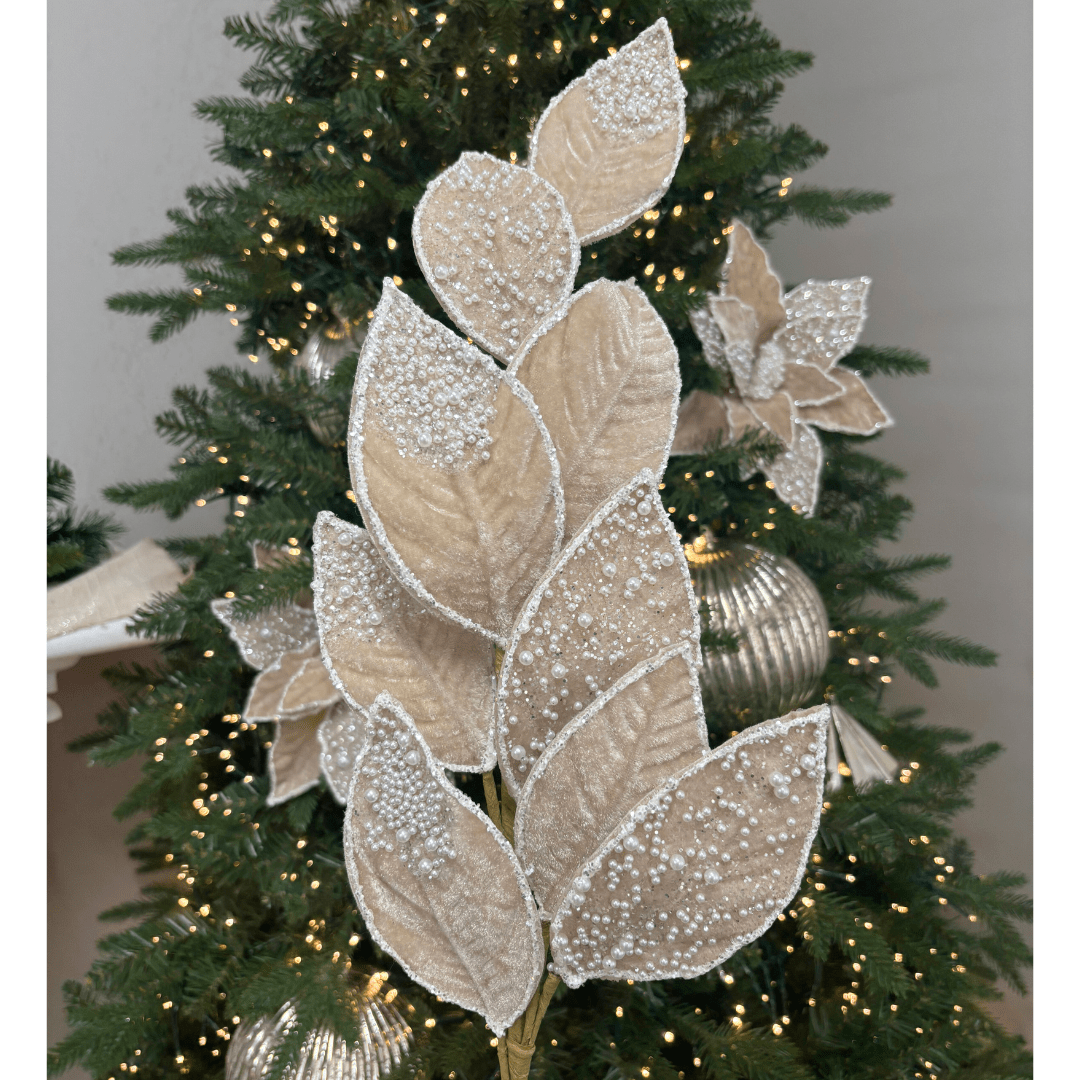 Champagne Velvet and Pearl Leaf Spray - My Christmas