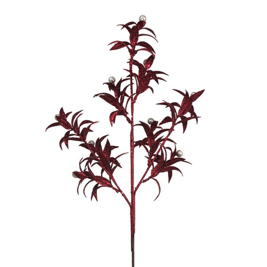 Cherry Red Glitter Leaf Spray with Champagne Beads - My Christmas