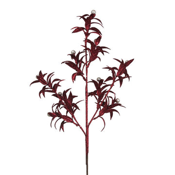 Cherry Red Glitter Leaf Spray with Champagne Beads - My Christmas