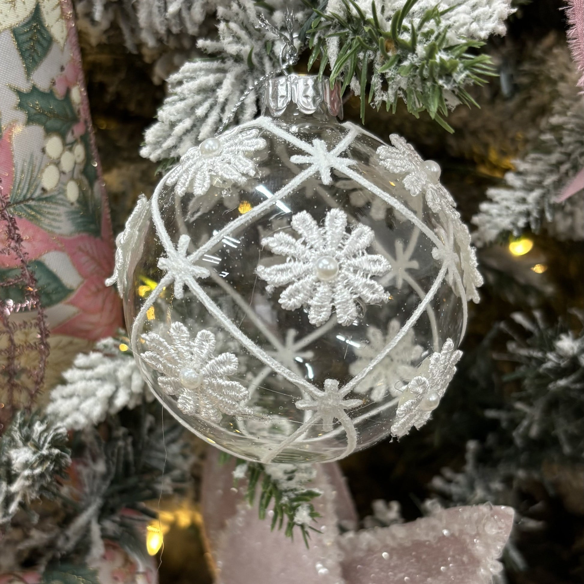 Clear and White Glass Flower Bauble - My Christmas