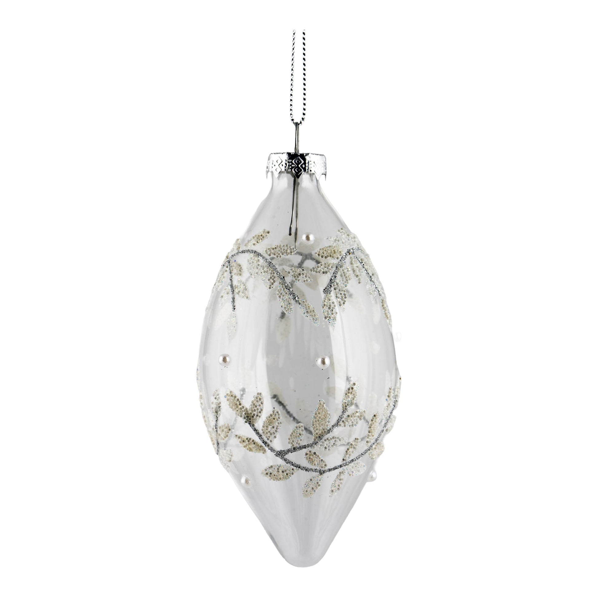 Clear Encrusted White Leaf Long Drop Ornament - My Christmas