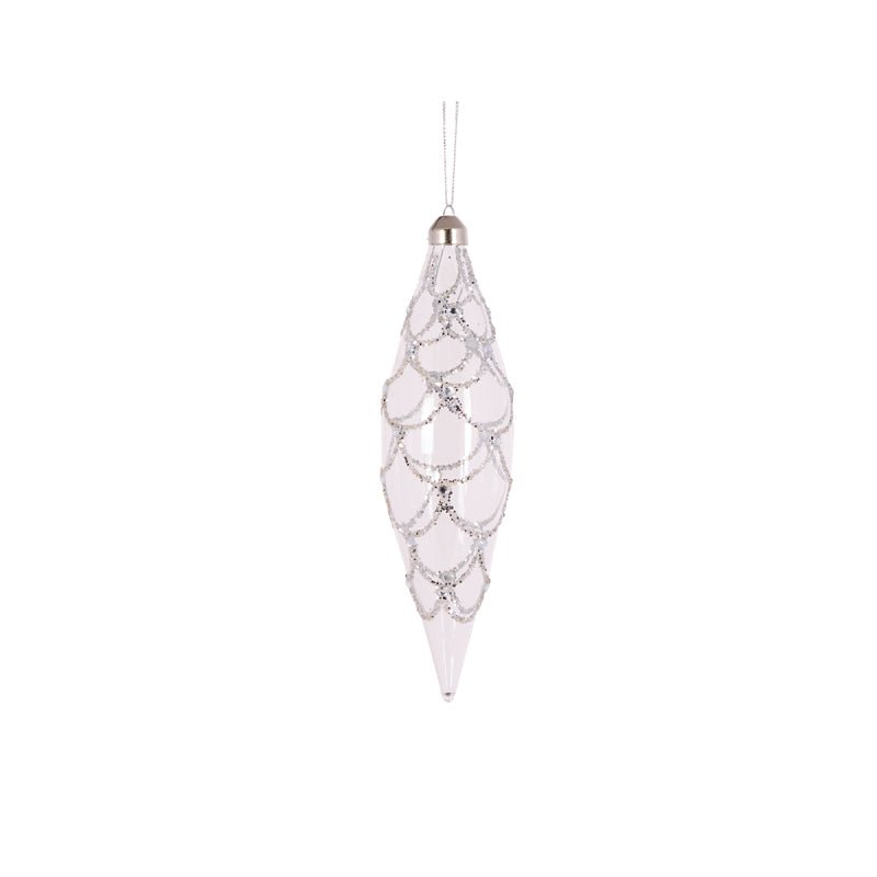 Clear Silver Scallop Long Drop Bauble - My Christmas
