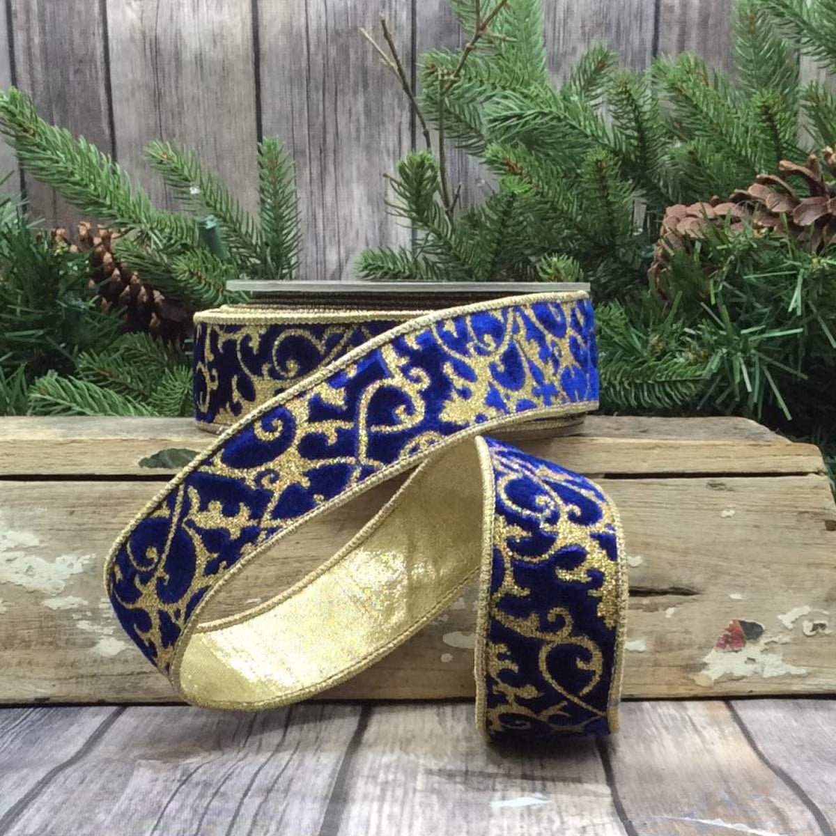 Cobalt Blue Scroll Glitter Velvet Ribbon - 1.5" wide - My Christmas